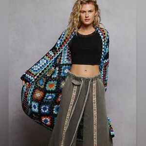 POL Boho Crochet Cardigan Turquoise & Black Granny Square Sweater